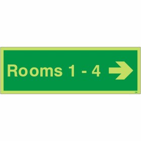 Glow in the dark Rooms 1-4 arrow right wayfinding sign
