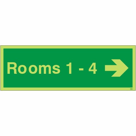 Glow in the dark Rooms 1-4 arrow right wayfinding sign