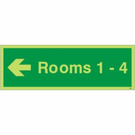 Glow in the dark Rooms 1-4 arrow left wayfinding sign