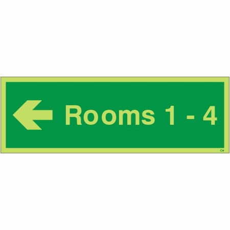 Glow in the dark Rooms 1-4 arrow left wayfinding sign