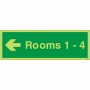 Glow in the dark Rooms 1-4 arrow left wayfinding sign