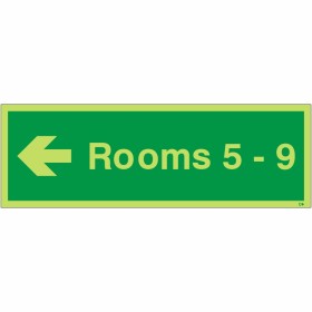 Glow in the dark Rooms 5-9 arrow left wayfinding sign