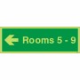 Glow in the dark Rooms 5-9 arrow left wayfinding sign