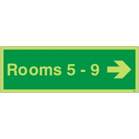 Glow in the dark Rooms 5-9 arrow right wayfinding sign