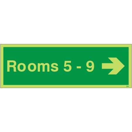 Glow in the dark Rooms 5-9 arrow right wayfinding sign