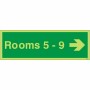 Glow in the dark Rooms 5-9 arrow right wayfinding sign