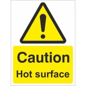 Caution Hot Surface warning sign with yellow background and hazard symbol