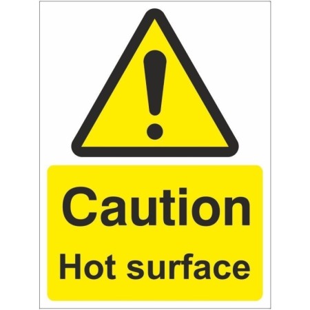 Caution Hot Surface warning sign with yellow background and hazard symbol