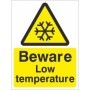 Beware Low Temperature warning sign with snowflake symbol