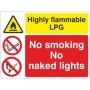 Highly flammable LPG sign with no smoking and no naked lights warnings