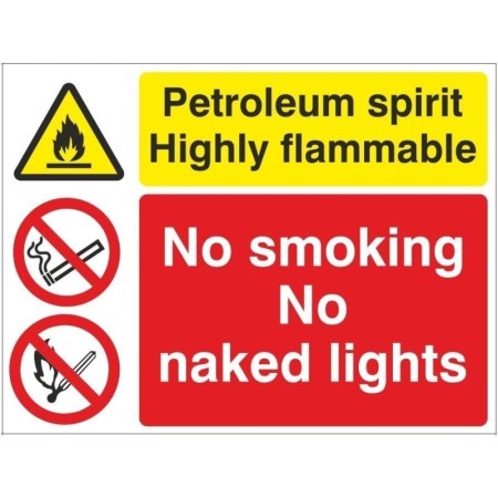 Petroleum spirit highly flammable sign with no smoking and no naked lights warnings