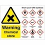 Warning chemical store sign with GHS hazard symbols and yellow warning triangle