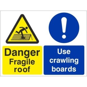 Danger fragile roof use crawling boards sign with roof hazard warning symbol