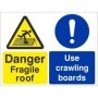 Danger fragile roof use crawling boards sign with roof hazard warning symbol