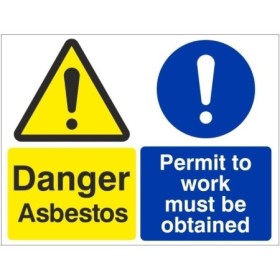 Danger asbestos permit to work must be obtained sign with warning and mandatory symbols