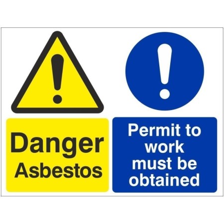 Danger asbestos permit to work must be obtained sign with warning and mandatory symbols