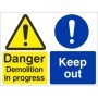 Danger demolition in progress keep out sign with warning and mandatory symbols