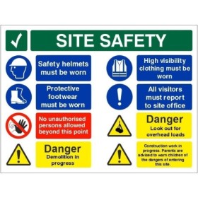 Danger demolition in progress multi message safety board with PPE and hazard warnings