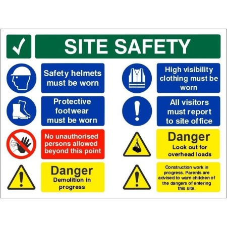 Danger demolition in progress multi message safety board with PPE and hazard warnings
