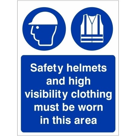 Safety Helmets And High Visibility Clothing Must Be Worn In This Area mandatory safety sign