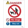 Danger no dogs sign with stay out instruction and prohibition symbol