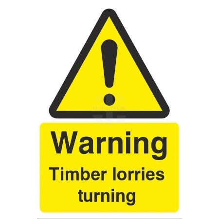 Warning timber lorries turning yellow hazard sign with exclamation symbol