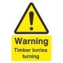 Warning timber lorries turning yellow hazard sign with exclamation symbol