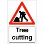 Tree cutting warning sign with worker symbol and red triangle