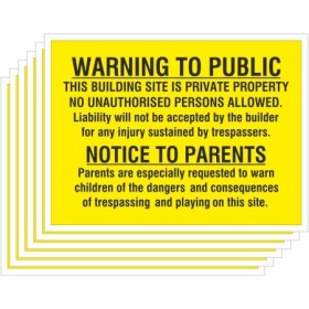 Pack of 6 warning to public building site safety signs with yellow hazard design