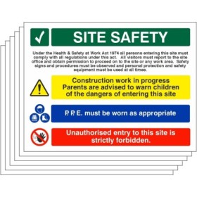 Pack of 6 construction work in progress site safety signs with PPE and access restriction messages