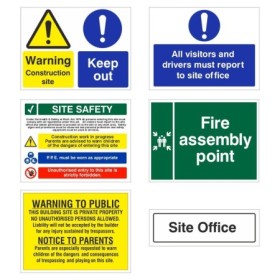 Pack of 6 construction site safety signs with warning