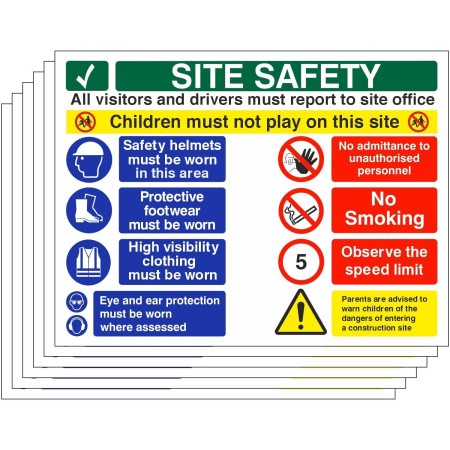 Pack of 6 construction site safety signs with children must not play warning and PPE instructions