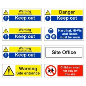 Pack of 8 construction site safety signs with warning and mandatory messages