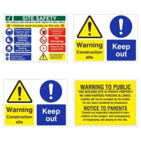 Construction site safety signs pack including warning and keep out signs