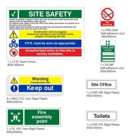Small construction safety signs pack with PPE
