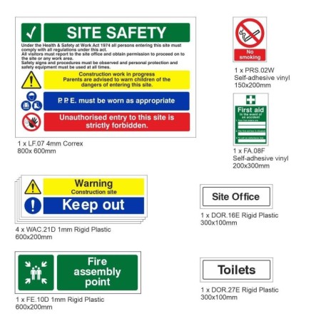Small construction safety signs pack with PPE