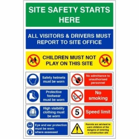 Safety starts here sign with visitor reporting instructions and PPE safety requirements