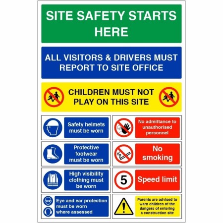 Safety starts here sign with visitor reporting instructions and PPE safety requirements
