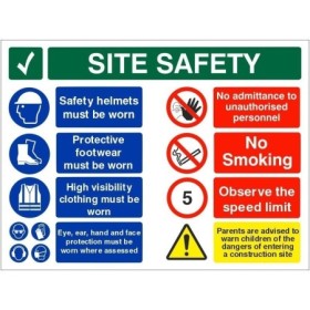 Safety starts here site safety multi message safety board with PPE and workplace safety instructions