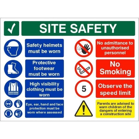 Safety starts here site safety multi message safety board with PPE and workplace safety instructions