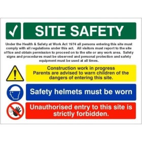 Site safety sign with PPE instructions and restricted access warning messages