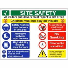 Site safety children must not play on this site sign with PPE and access restriction instructions