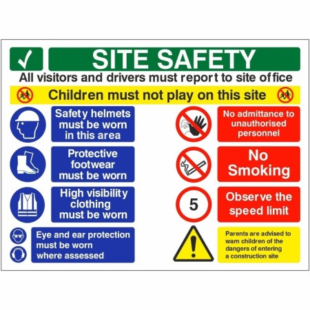 Site safety children must not play on this site sign with PPE and access restriction instructions