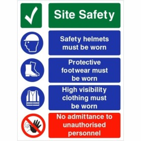 Site safety helmets must be worn sign with PPE and restricted access instructions