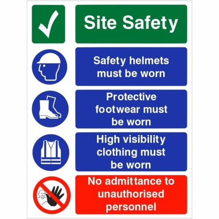 Site safety helmets must be worn sign with PPE and restricted access instructions