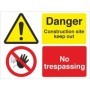 Danger construction site keep out no trespassing sign with warning and prohibition symbols