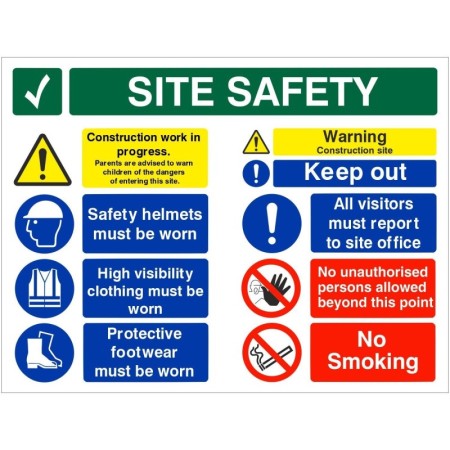 Site safety sign construction work in progress with PPE and access restriction messages