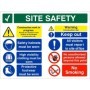 Site safety sign construction work in progress with PPE and access restriction messages