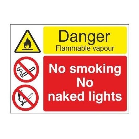 Danger flammable vapour sign with no smoking and no naked lights warnings