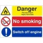 Danger petroleum spirit highly flammable sign with no smoking and switch off engine instructions